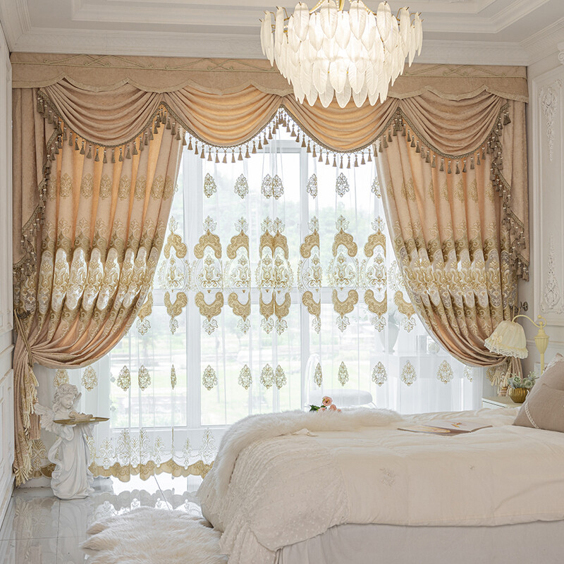 luxury European Embroidery chenille thick shade curtain valance tulle M1672