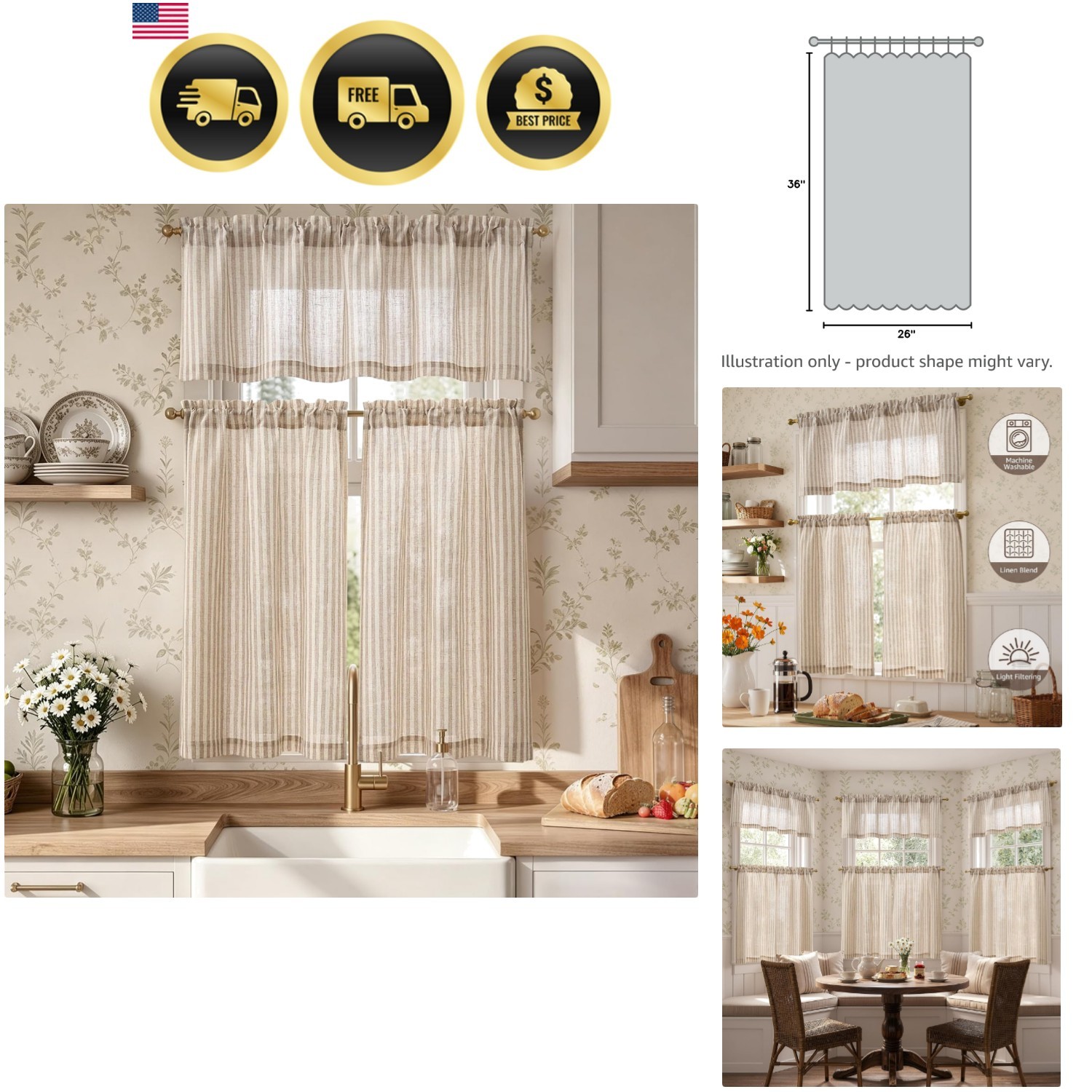 Kitchen Curtains and Valances Set Striped Tier Curtains Ticking Stripe Linen …