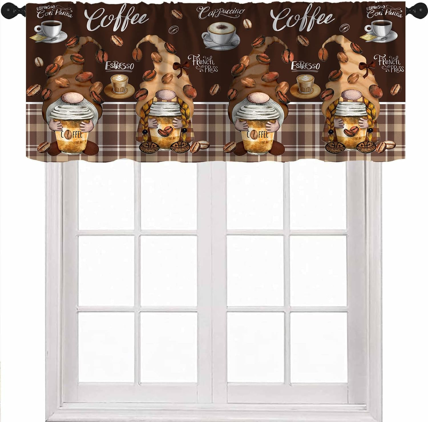Vintage Coffee Gnome Valance Curtains, Rustic Coffee Theme Latte Cappuccino Cafe