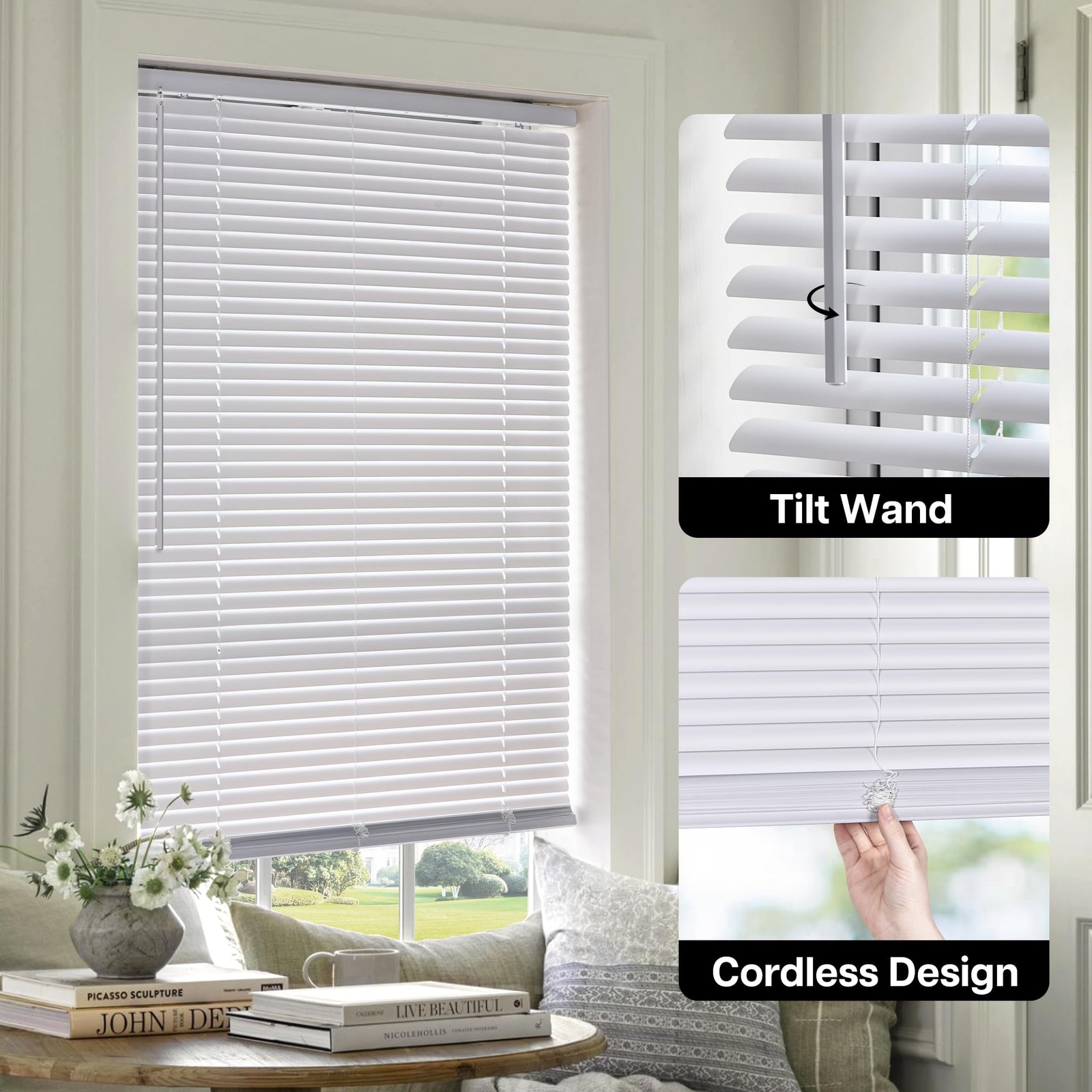 LazBlinds Cordless White 1″ Room Darkening Vinyl Mini Blinds, 20″ W x 36″ H H…