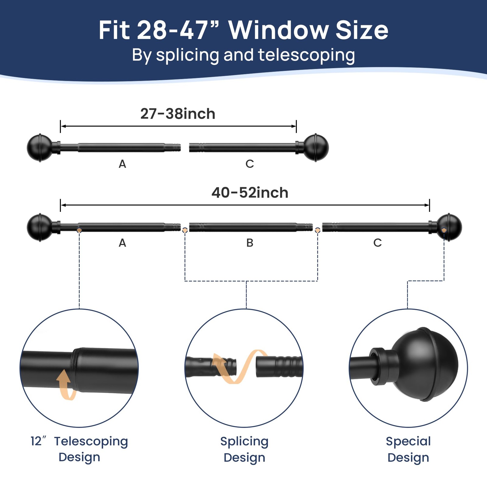 ENJOYBASICS No Drill Curtain Rods for Window 28 to 47 Inches, 27-52″, Black