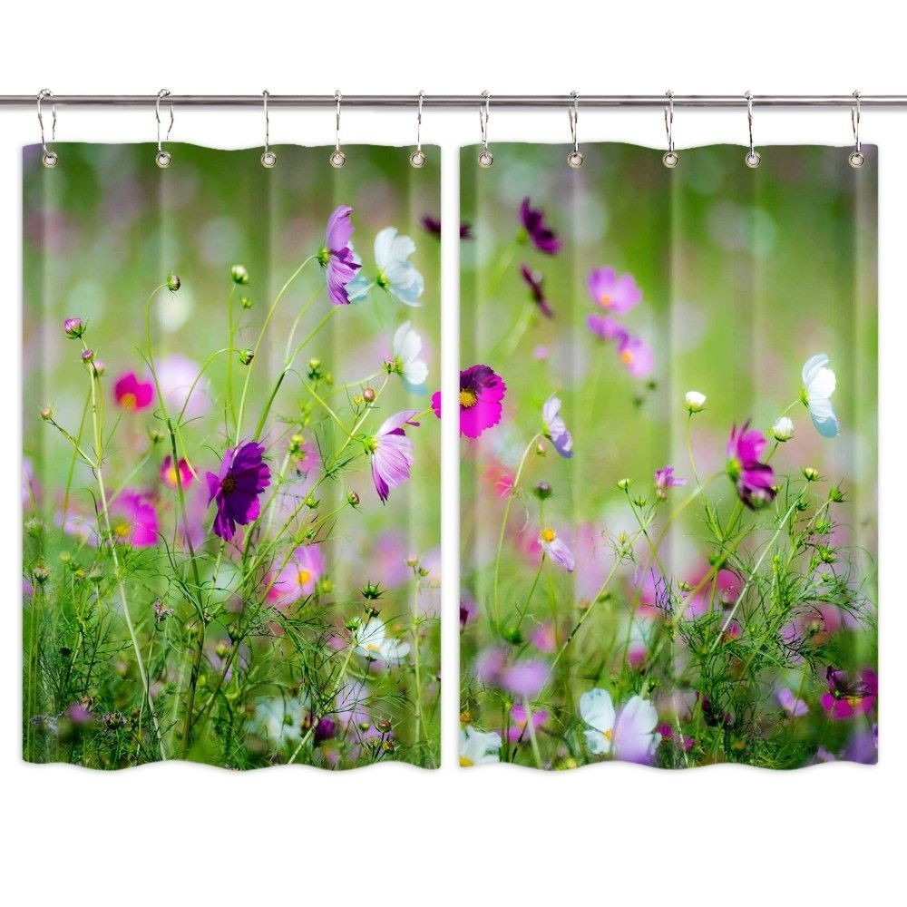 Charming Little Flower Garden Nature 3D Kitchen Curtains 2 Panel Set with Hooks