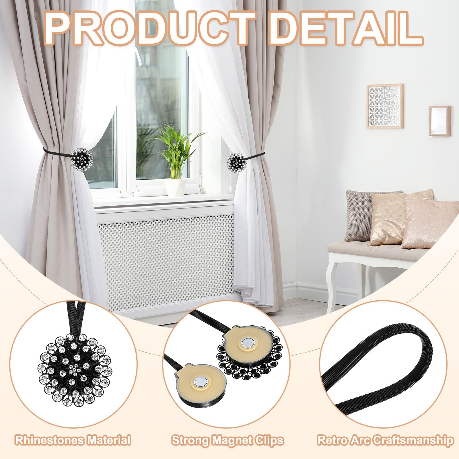 PATIKIL Magnetic Curtain Tie Backs, 2 Pack Sparkling Crystal Flower Black