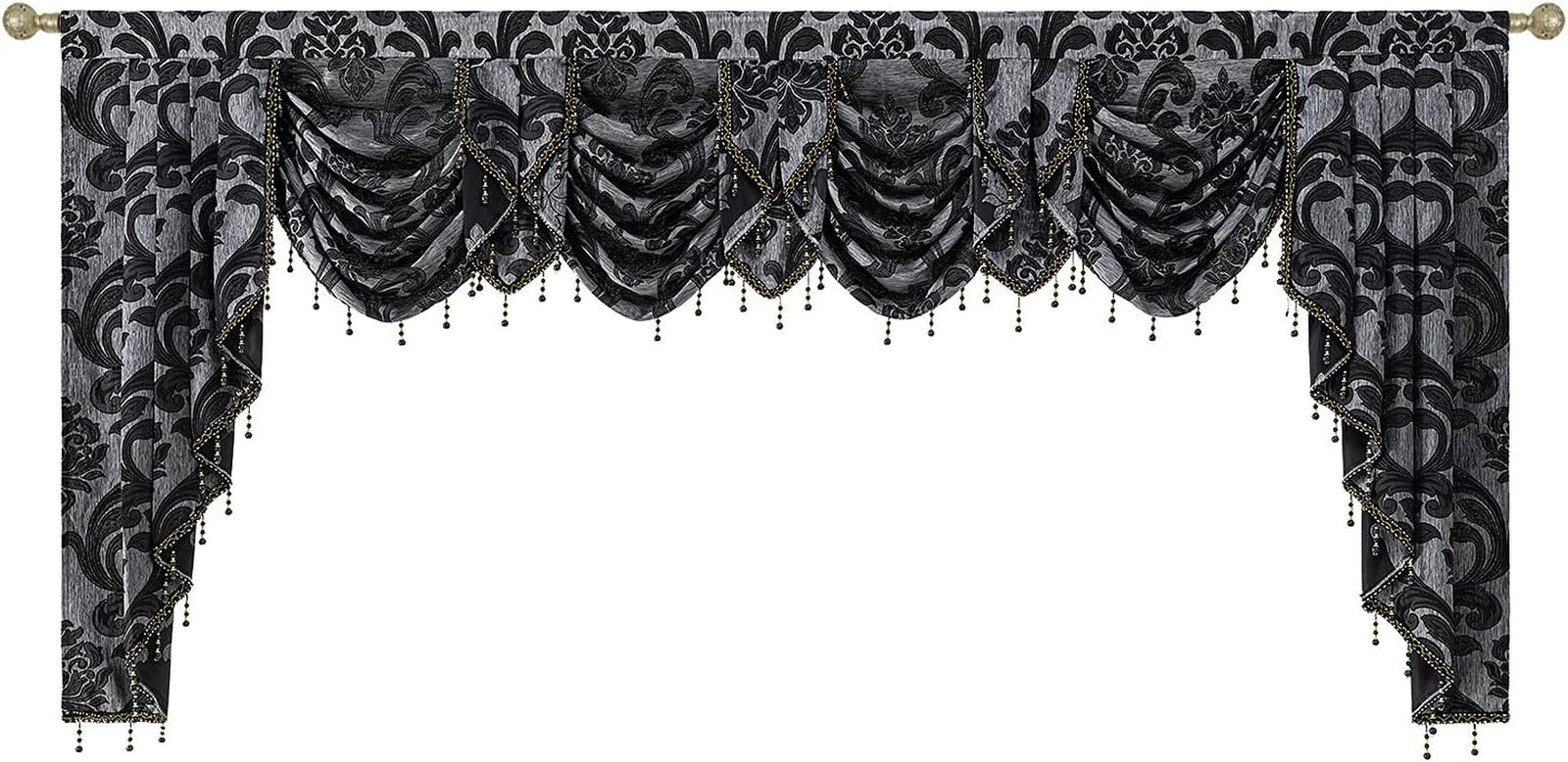 NAPEARL Black Damask Waterfall Window Valance Beaded Swag 101 Inch Wide