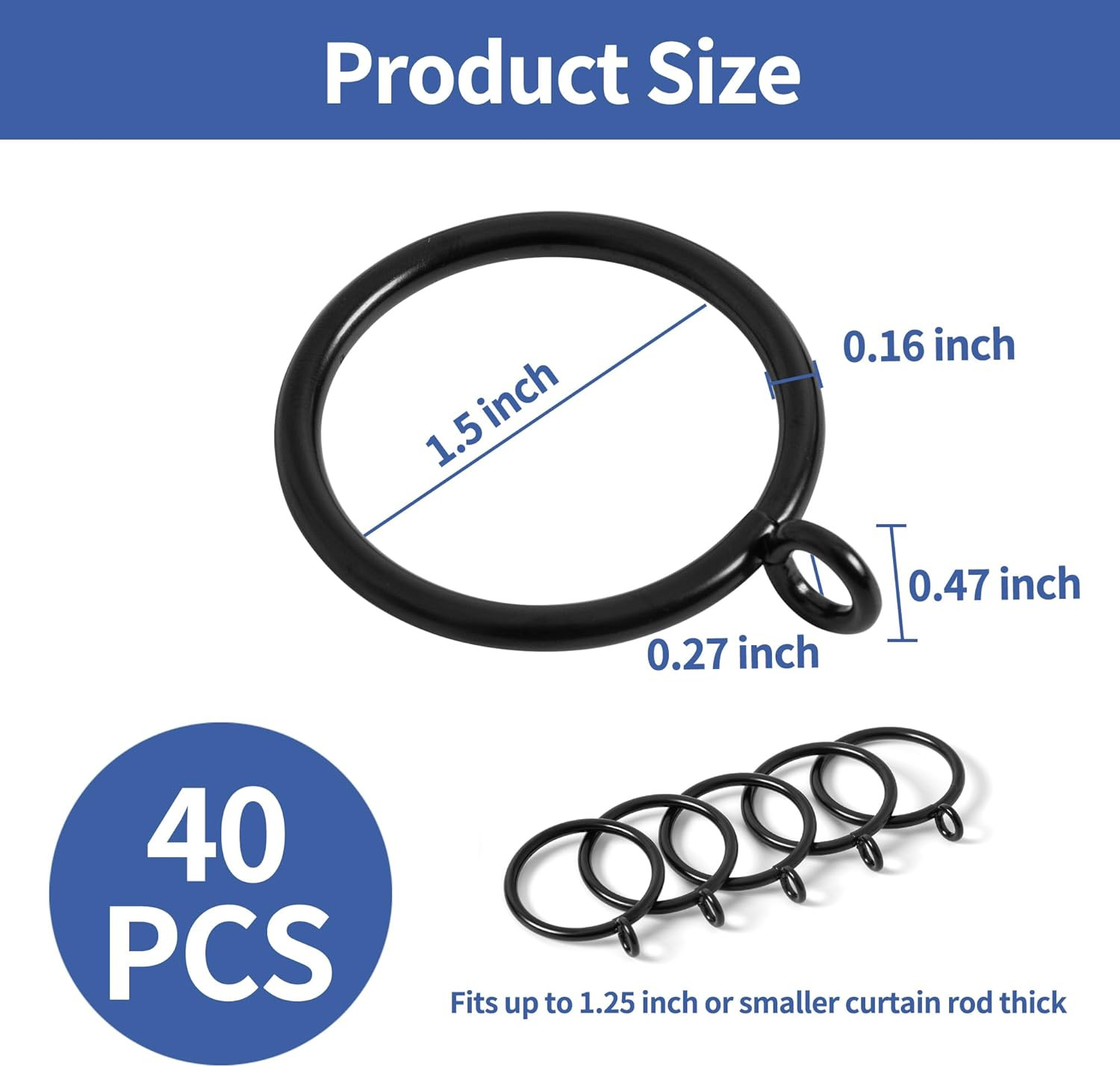 Black Curtain Rings 40 PCS, 1.5 Inch Metal Curtain Rings with Eyelet for Drapery