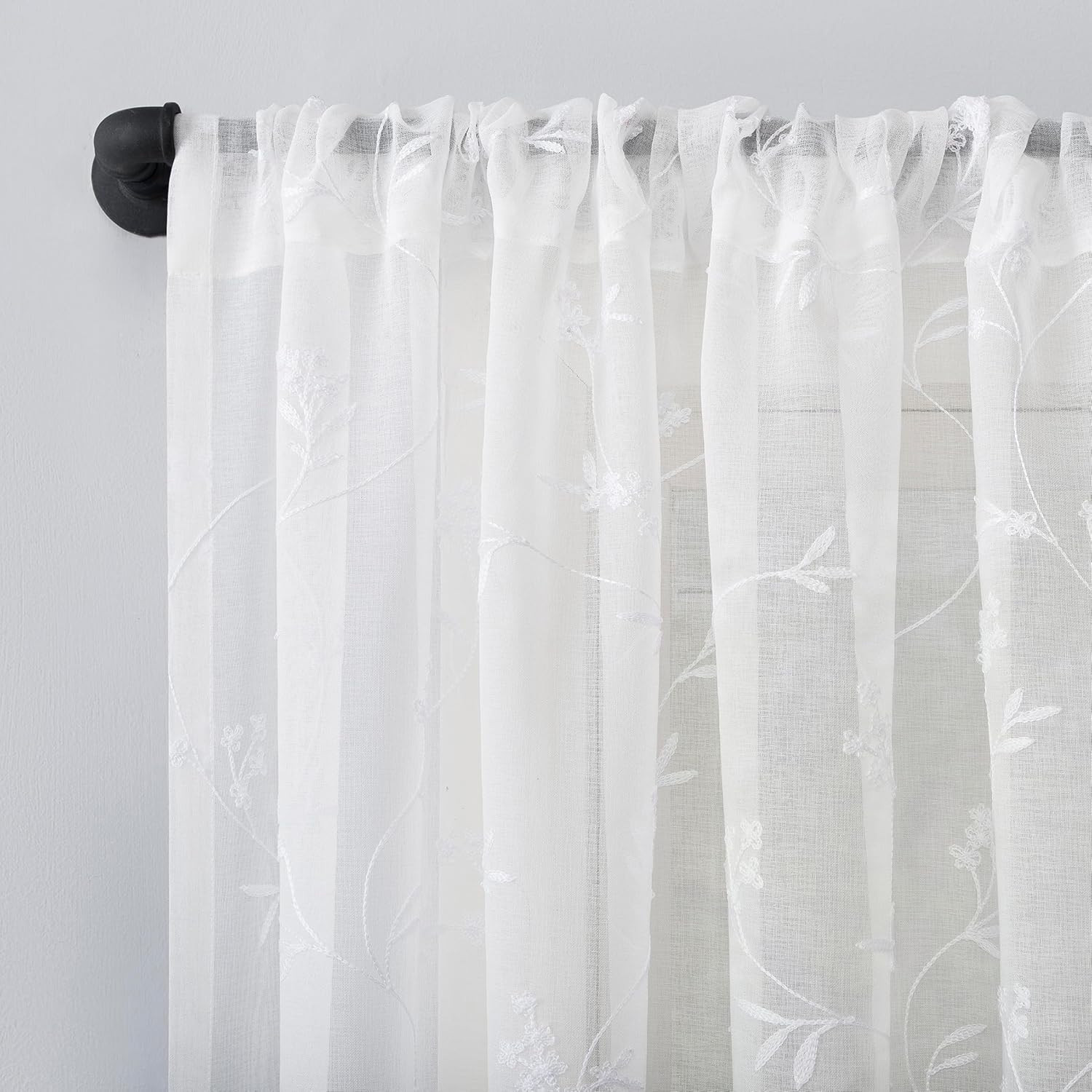 Delia Embroidered Floral Sheer Rod Pocket Curtain Valance, 50″ X 17″