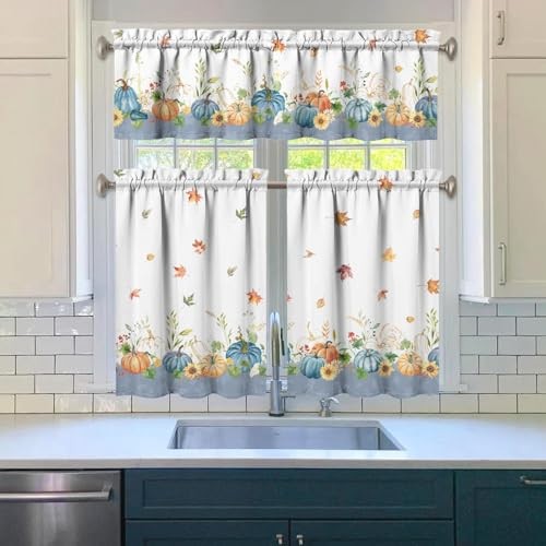 Fall Thanksgiving Kitchen Curtain Valance 3 27.5″W x 36″L (Pack of 3) Pumpkin