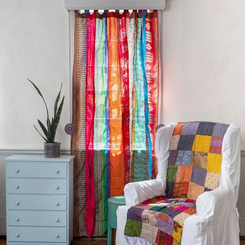 2 Pc Indian Old Recycle Silk Saree Boho Multi Curtain Door Drape Decor Curtain