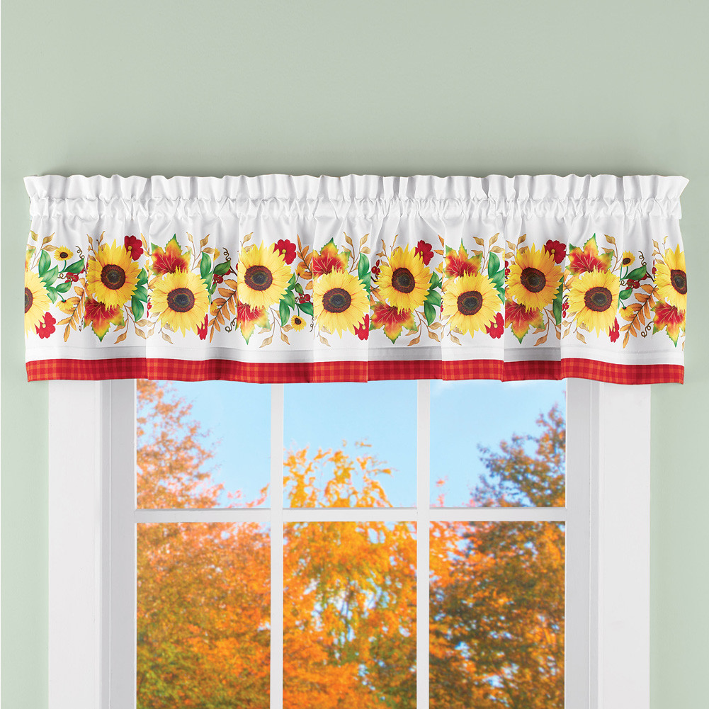 Harvest Autumn Sunflower Window Valance Fall Leaves Country Checkered Valance