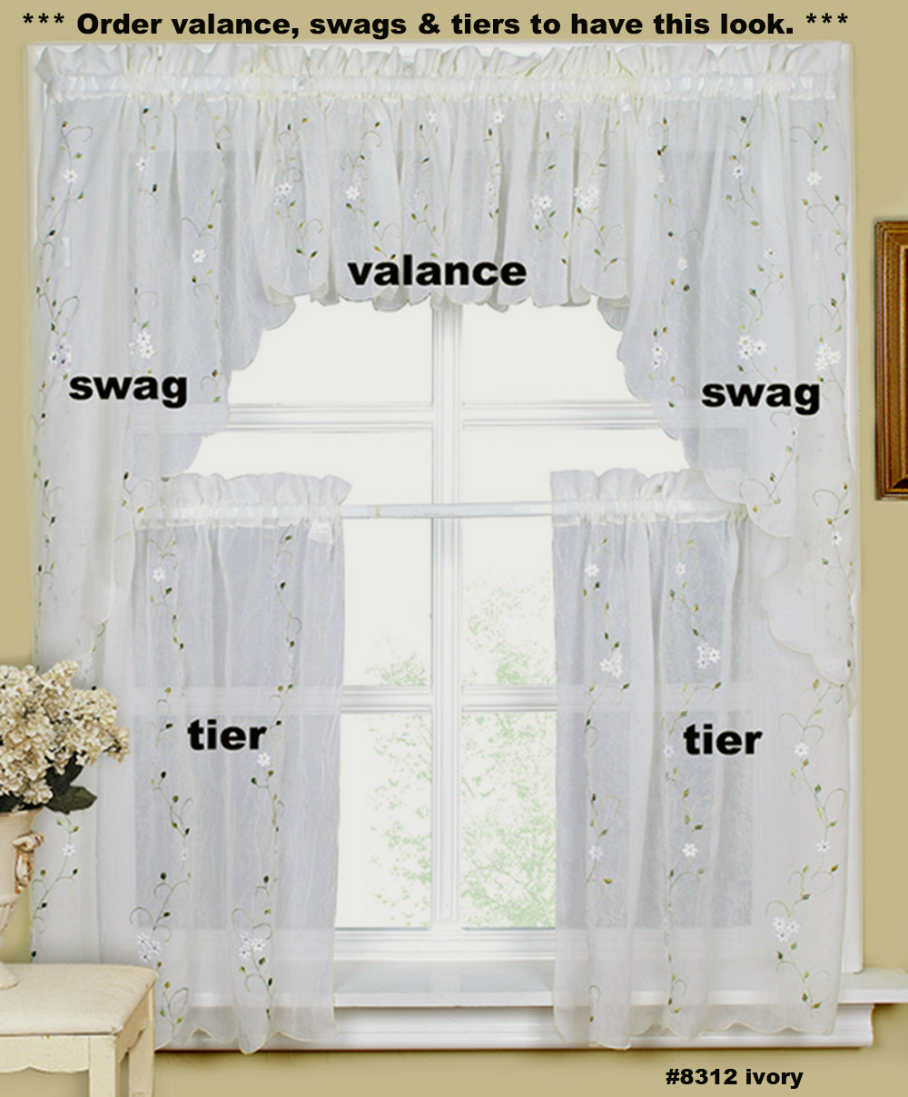Daisy Embroidery Kitchen Curtain Valance Tiers or Swags IVORY Creative Linens