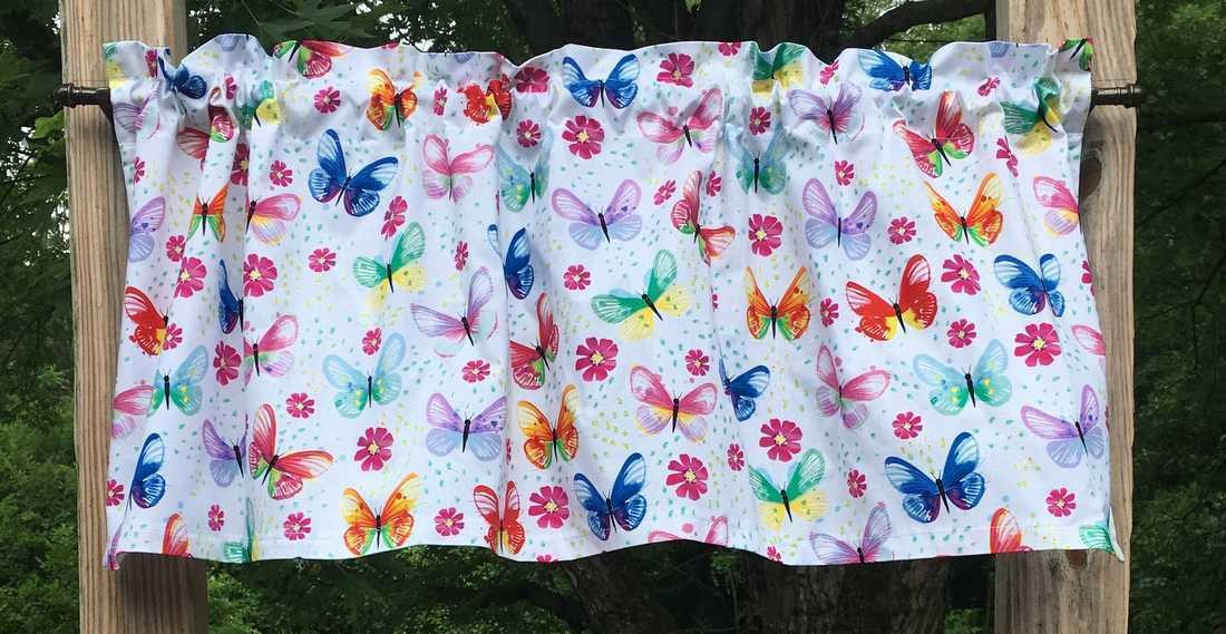 Butterfly Green Blue Pink Yellow Purple Flowers White Handcrafted Valance