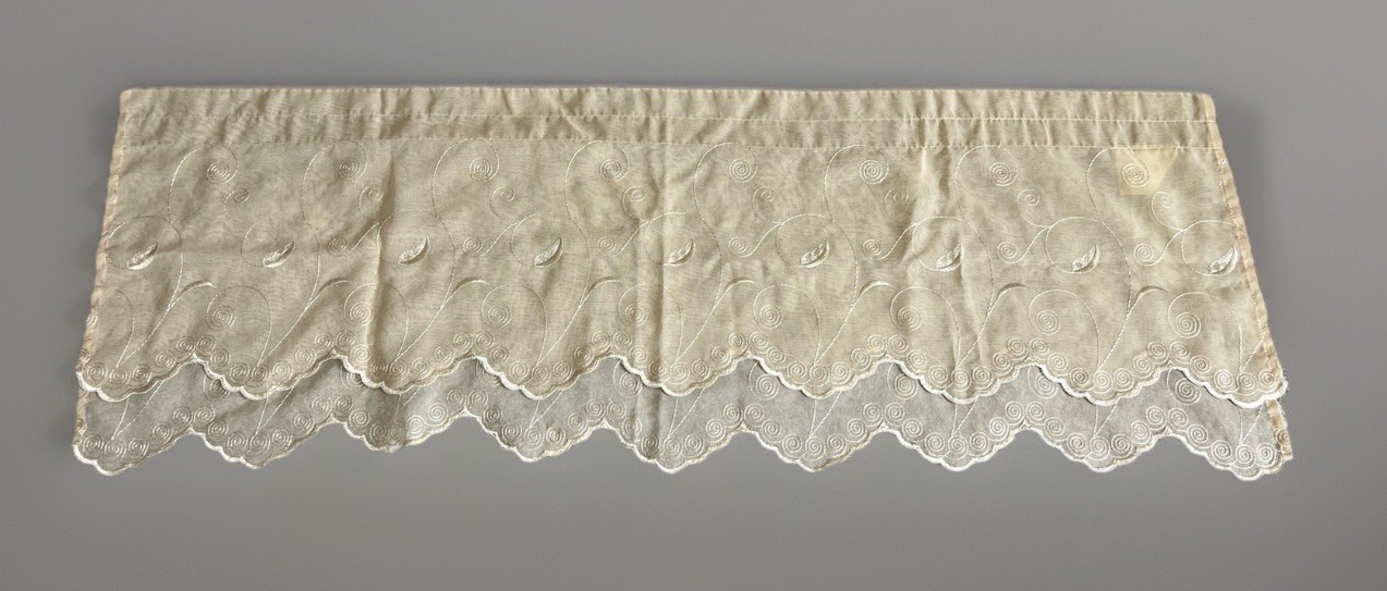 Home Decor Valance Tan Chiffon Embroidered Swirl Scalloped Tiered Curtain set 5
