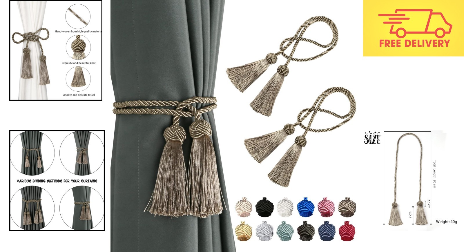 Elegant 2 Pack Handmade Curtain Tiebacks with Adjustable Tassel in Flaxen