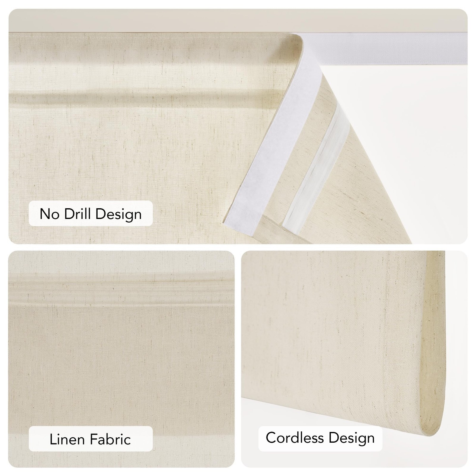 Natural Farmhouese Linen No Drill Roman Shades for Windows, French Front Door…