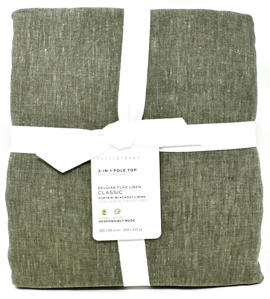 New~Pottery Barn Belgian Flax Linen Curtain Drape BLACKOUT~100×84~Loden Green