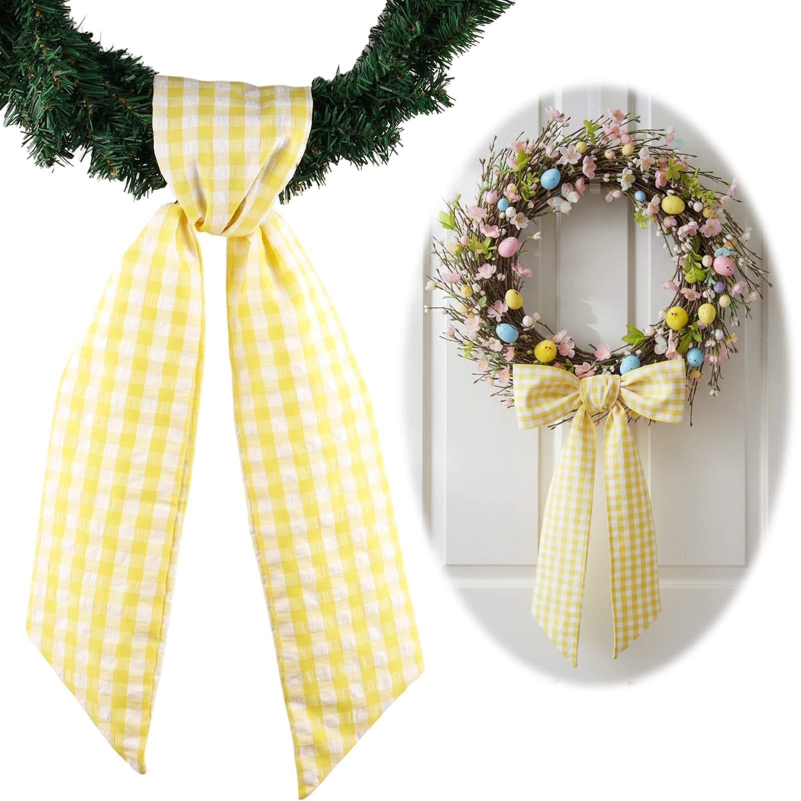 Yellow White Plaid Wreath Sash Front Door Decoration, Blank Sash Spring Summe…