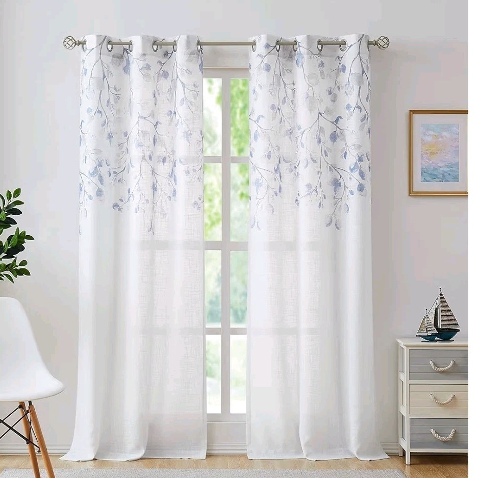 Lot of 4 Central Park Leaf Floral Print Metallic Sheer Curtains 40×95 Teal Blue