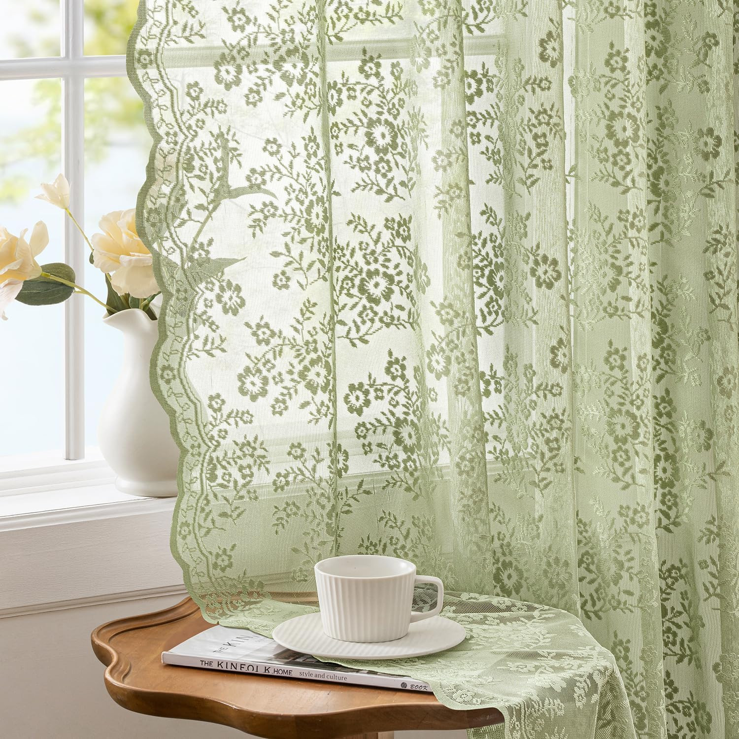 Vintage Lace Curtains 54 Inches Long with Floral and Branch Pattern, Elegant Rom