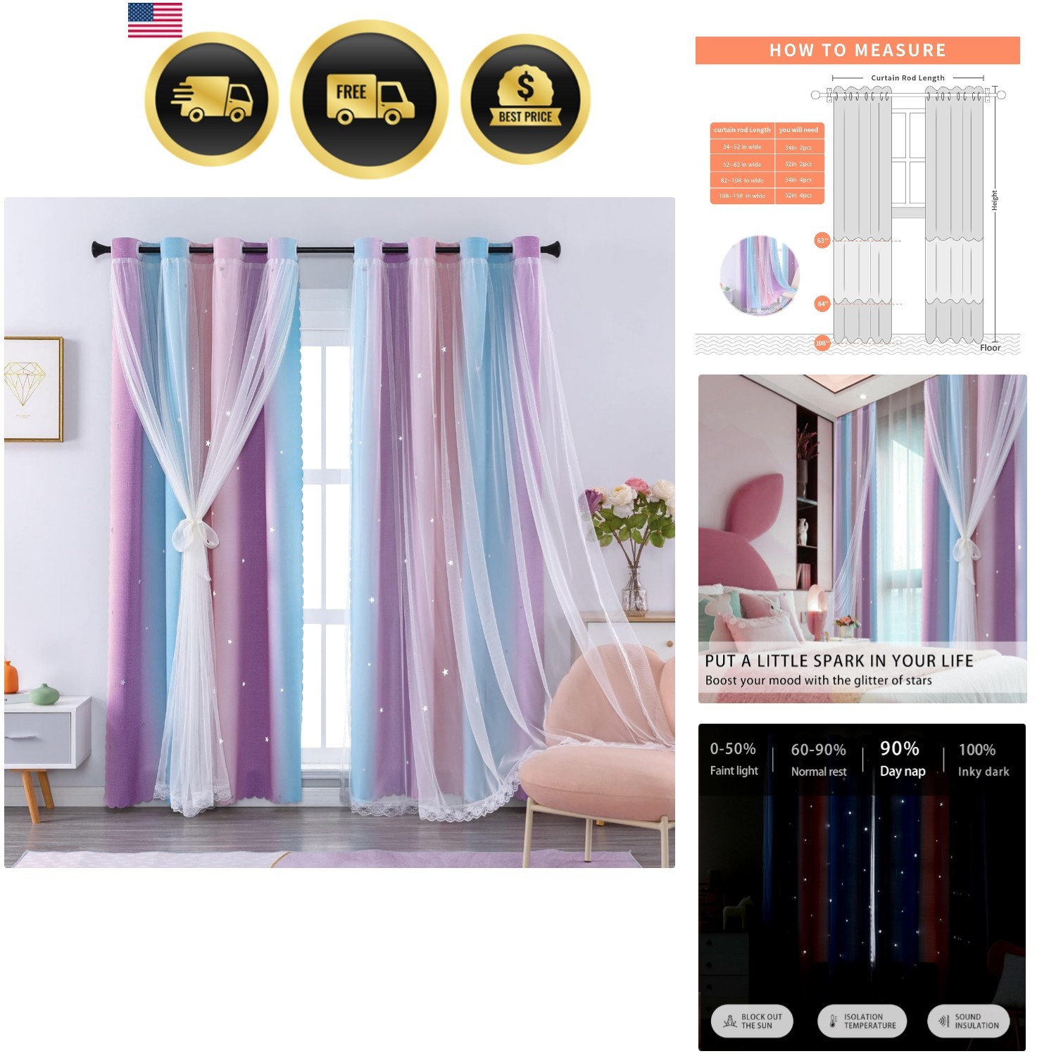 Blackout Curtains for Girls Bedroom Decor 63 inches Long Window Curtains Colo…