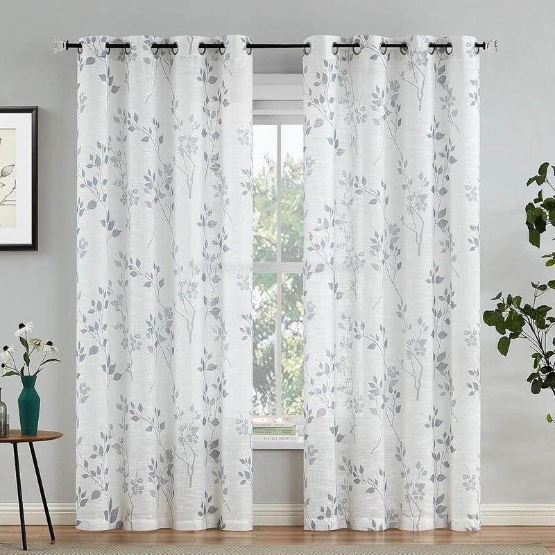 Botanical Floral Leaf Print Curtains Semi-Sheer Window Treatment Set of 2 New