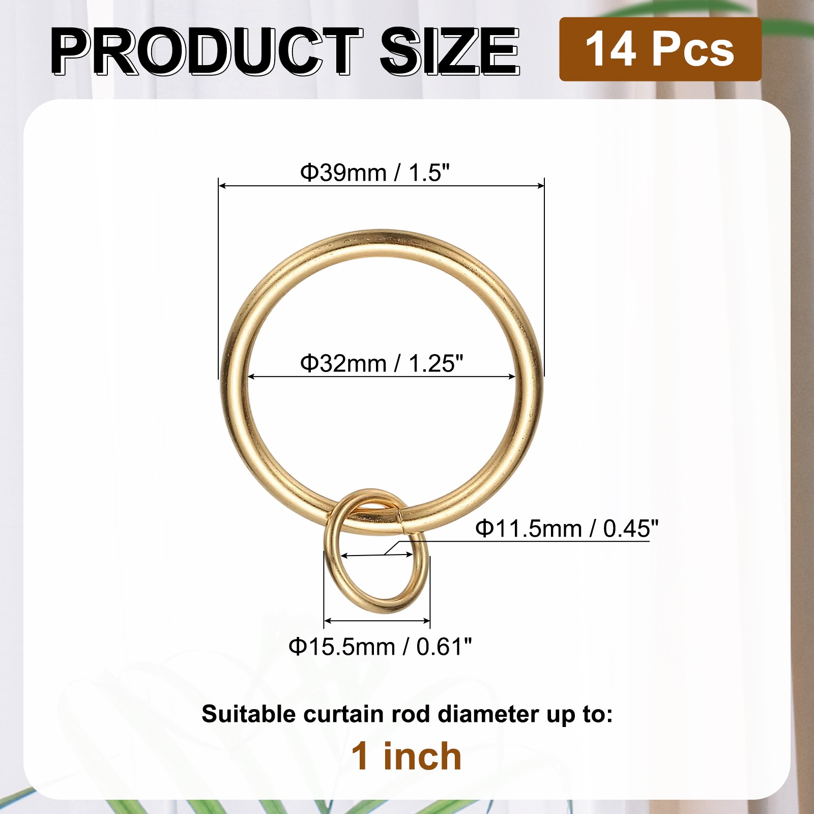 14 Curtain Rings with Eyelets 1.25″ID, Suitable for Auction 1″, Light Gold