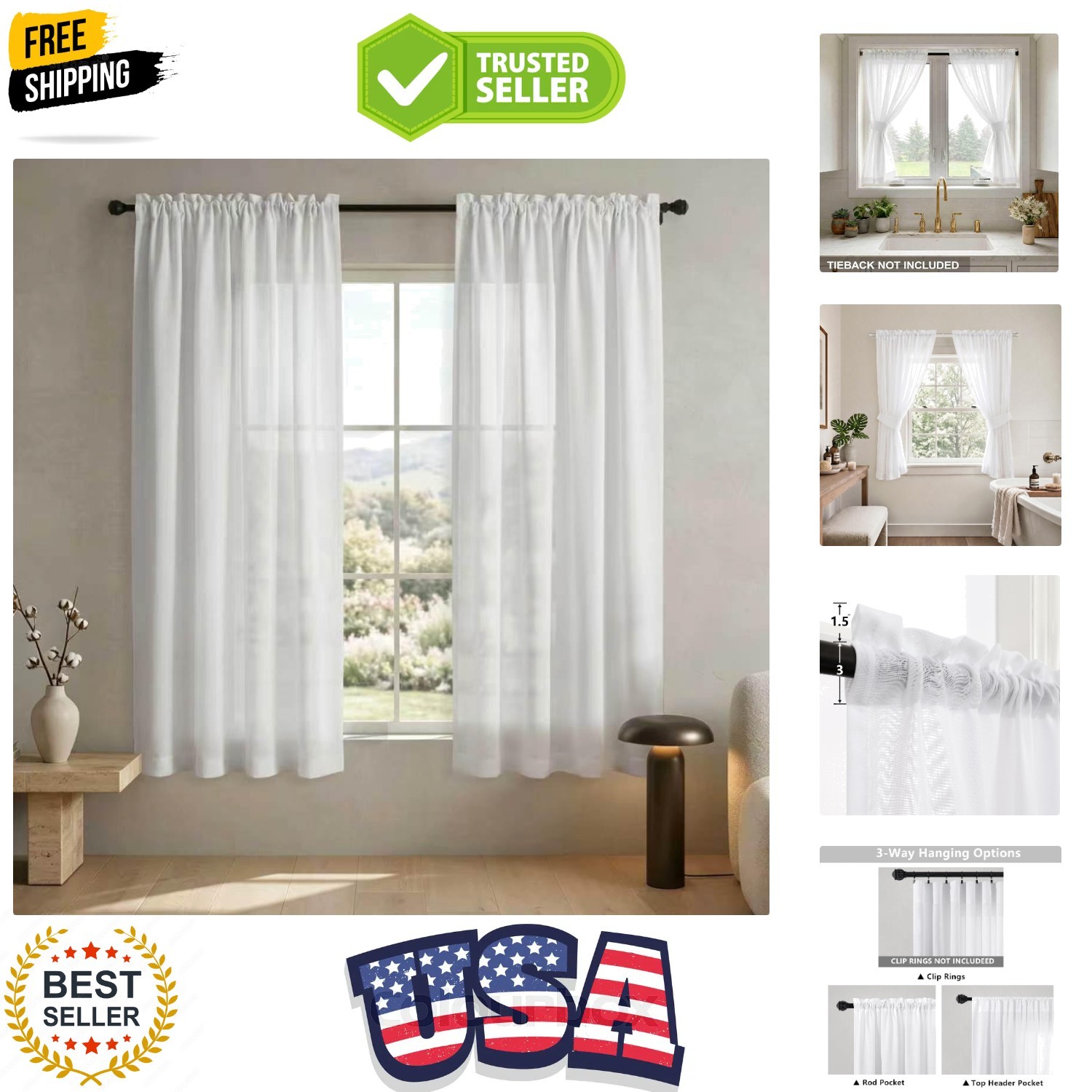 White Linen Curtains 45 Inch Length for Kitchen, Washable Faux Cotton Sheer R…