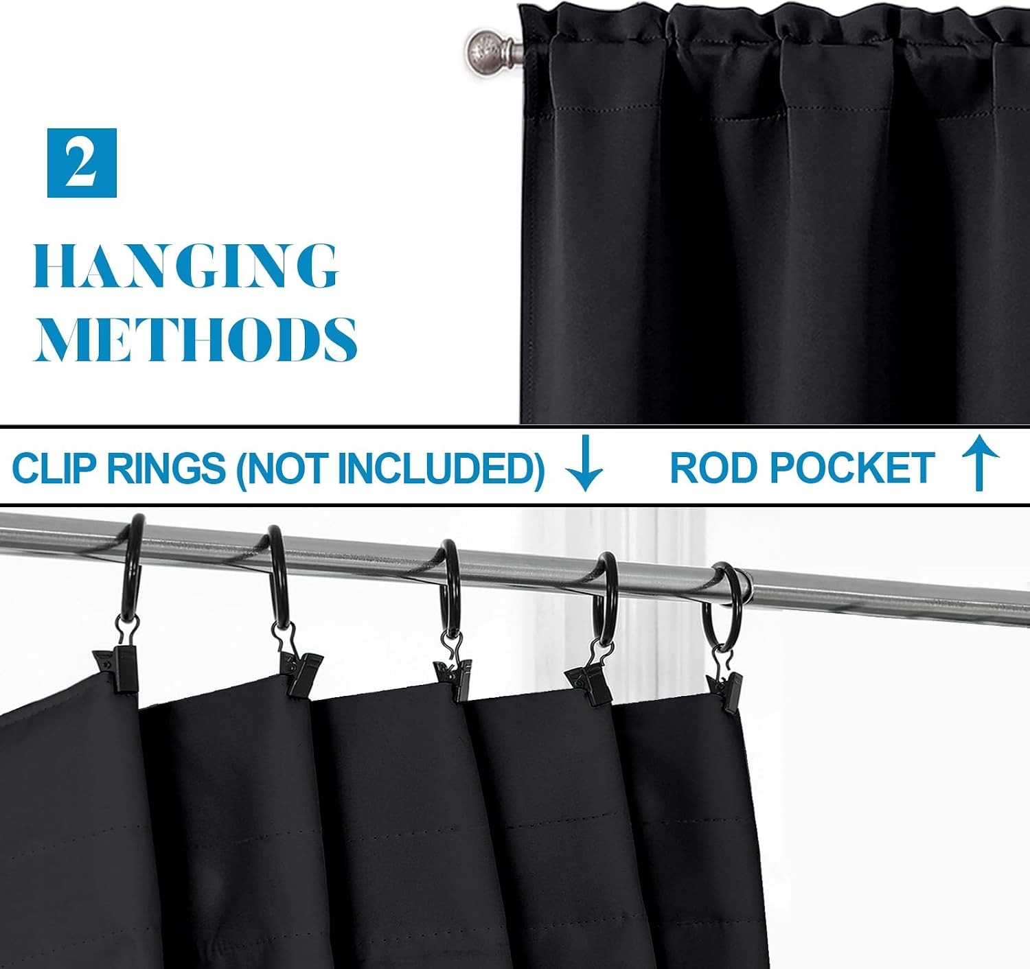 Black Valances for Windows 14 Inch Length, Thermal Blackout Short Curtains,