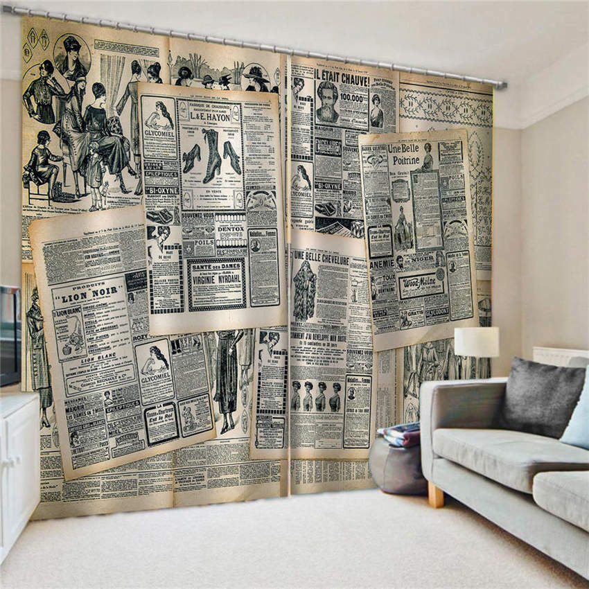 Newspaper Gray Brown Letters Head Printing 3D Blockout Curtains Fabric Window
