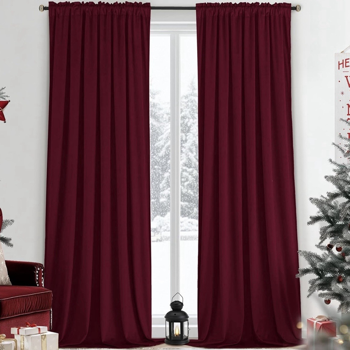 Wine Red Velvet Light Filtering Rod Pocket Curtain Panels 52”x96” Set of 2
