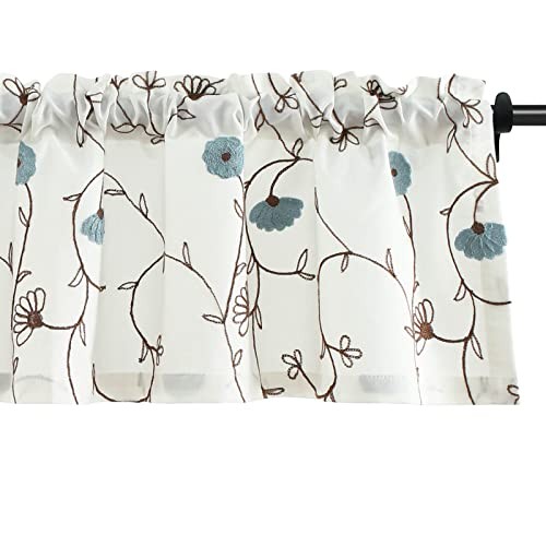 Floral Embroidered Curtain Valance, Elegant 52″W x 14″L (Pack of 1) Blue