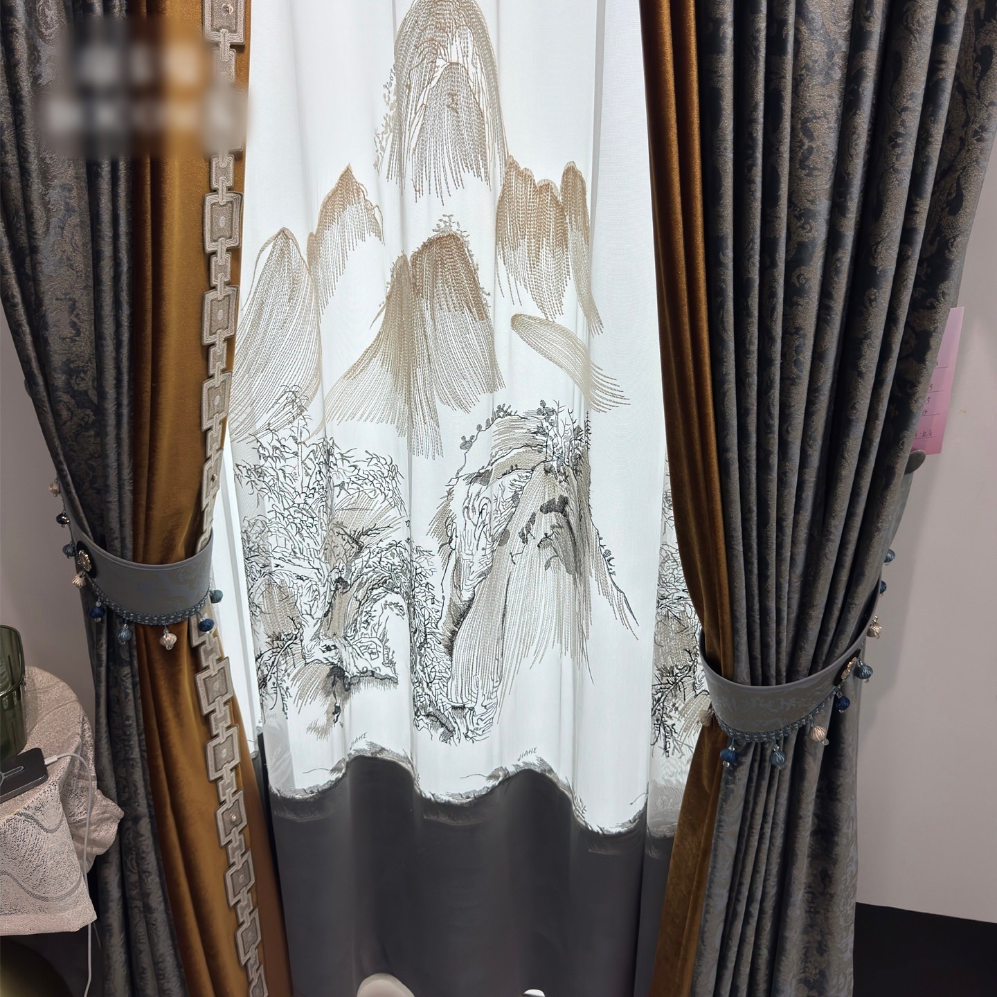 European grey bronzing embroidery flannel valance window curtain tulle M1911
