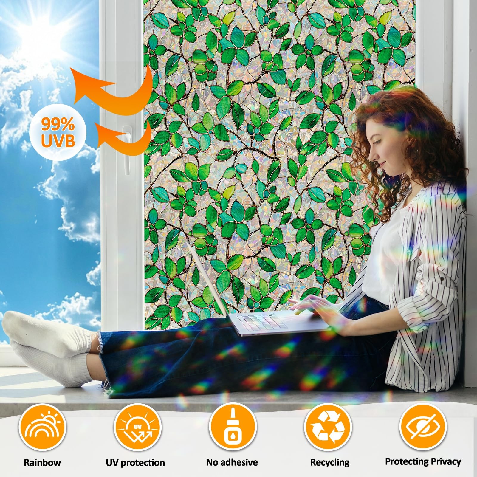 COUNTEWOL Window Privacy Film with Installation 17.5 x 78.7 in, Greenery Leaf