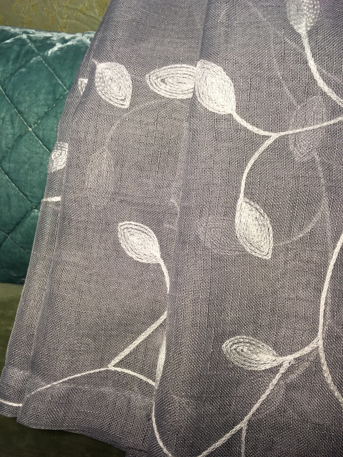 Embroidered White Leafy Vines on Gray Sliding Glass Door Window Panels 104 x 84”