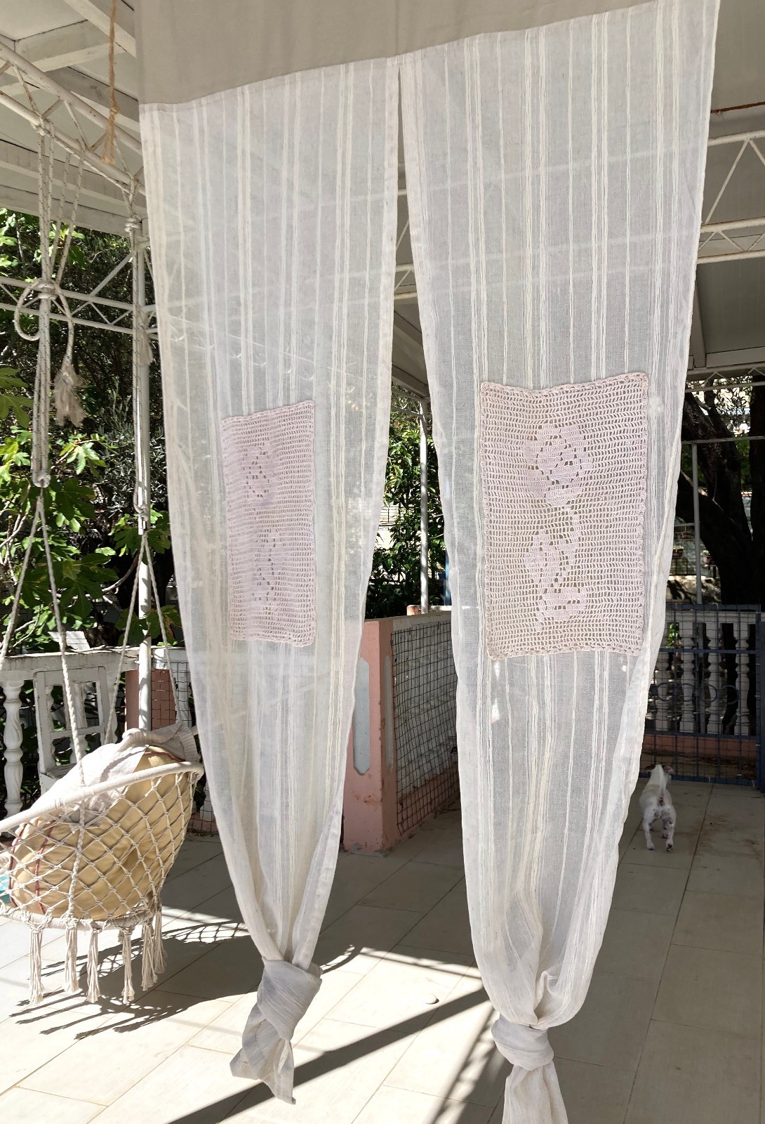 Boho Sheer Door Curtain 36×84 with Crochet Lace, Cotton Noren Shabby Chic