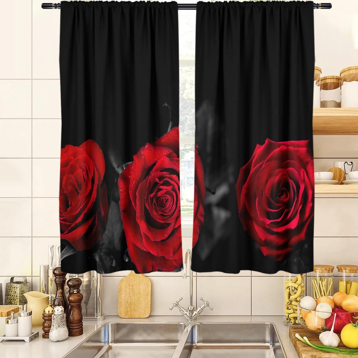 Black and Red Floral Kitcen Curtains Rose Gothic Art Cute Botanical Artistic Sma