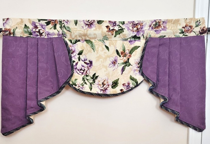 Custom Window Topper Ecru/Purple Braid Trim 24-30″ Opening on Standard Rod