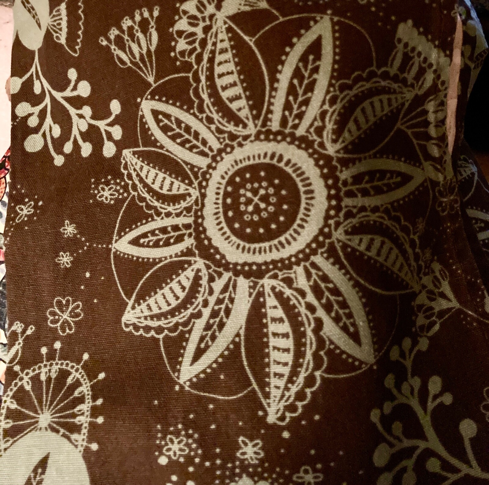 Pair Floral Abstract Tab Curtains Dark Brown Background w/Blue Flowers 40X43