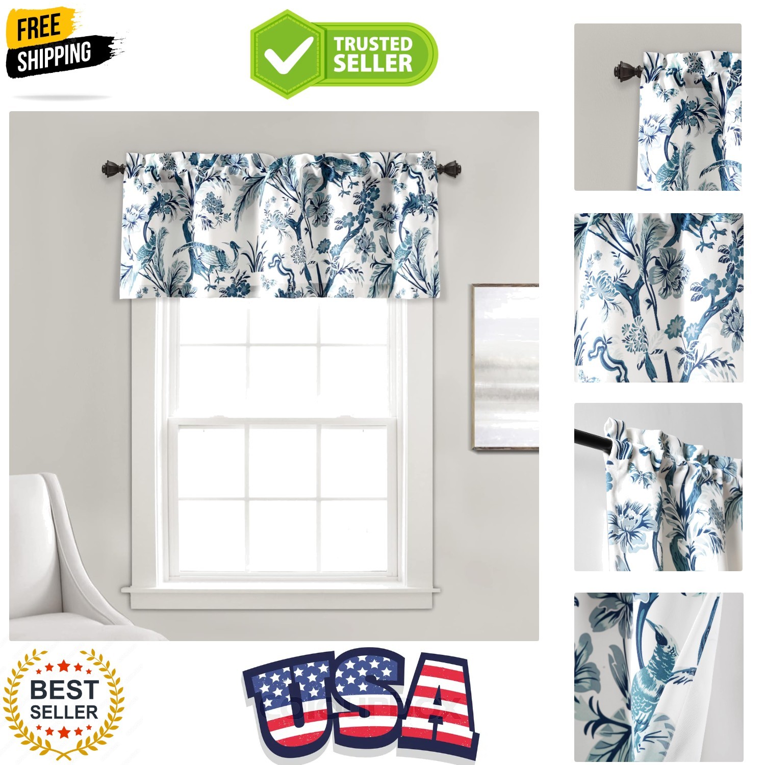 Dolores Light Filtering Valance Curtains Single, 52″ W x 18″ L Blue – Valance…