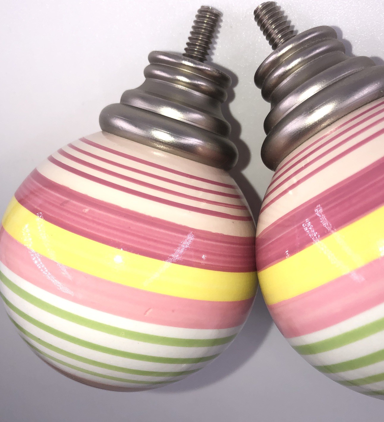 Pottery Barn Kids Curtain Rod Finials Striped Pink Green Yellow White (2 In Set)