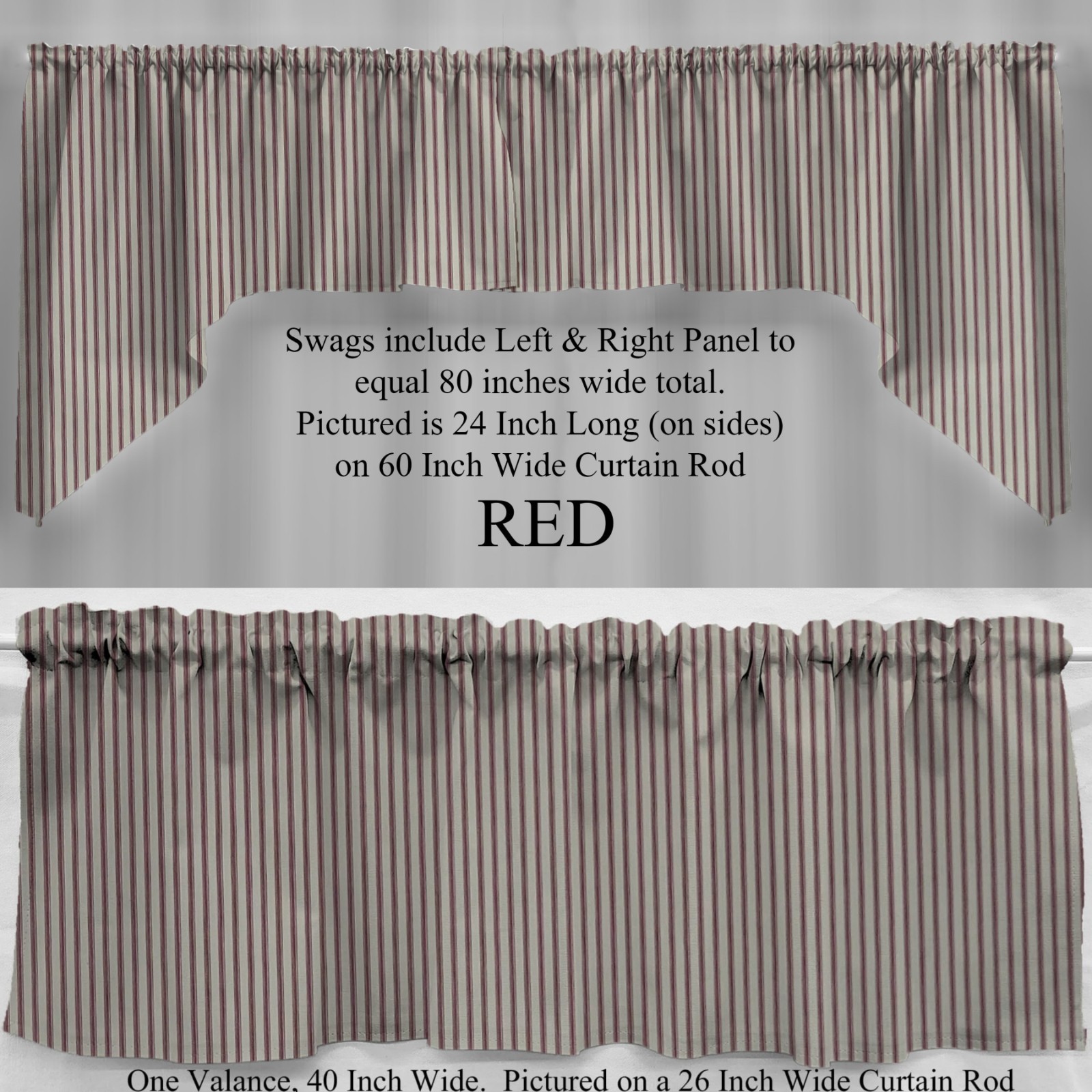 Ticking Stripe Valances, Curtains or Swags (3 Colors Available)