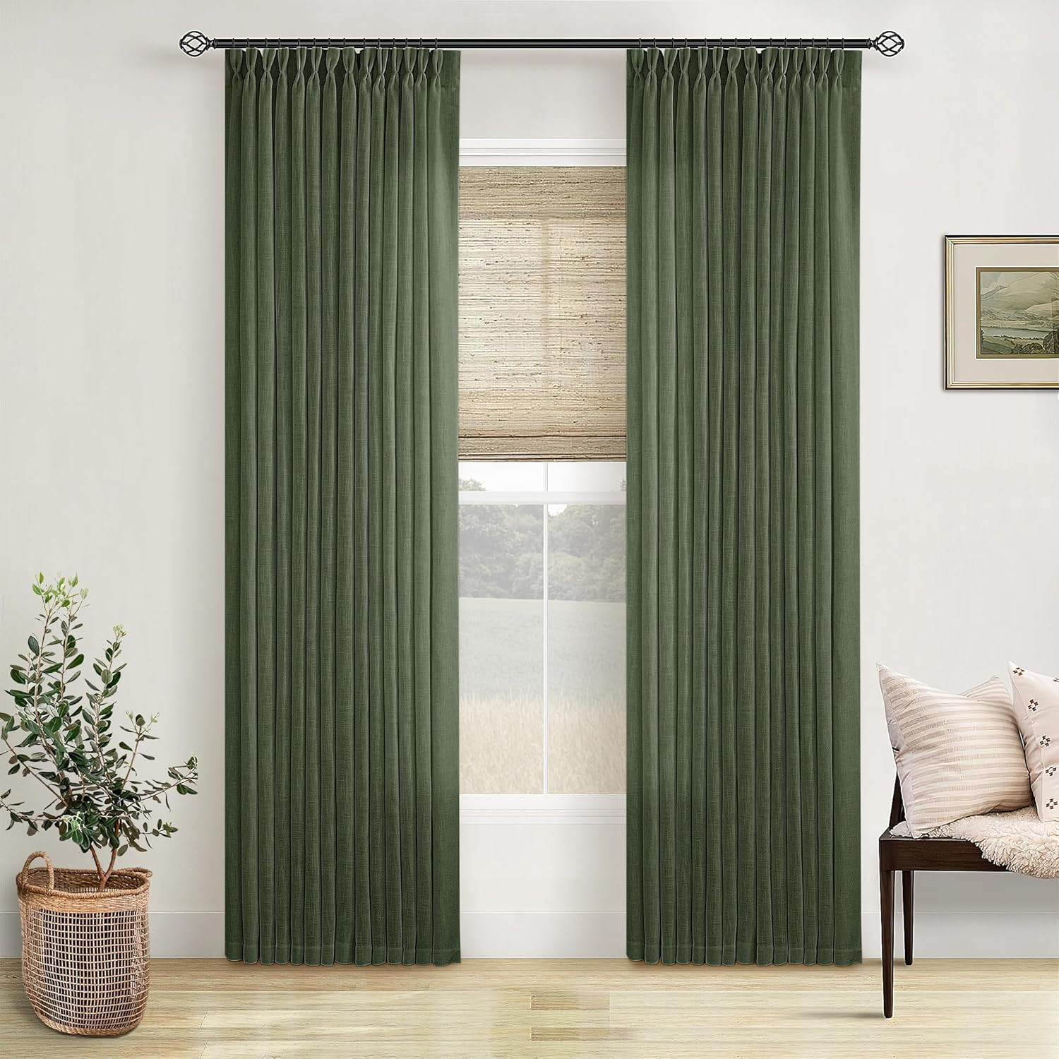 Olive Green Linen Pinch Pleat Curtains 80″ for Living Room & Bedroom