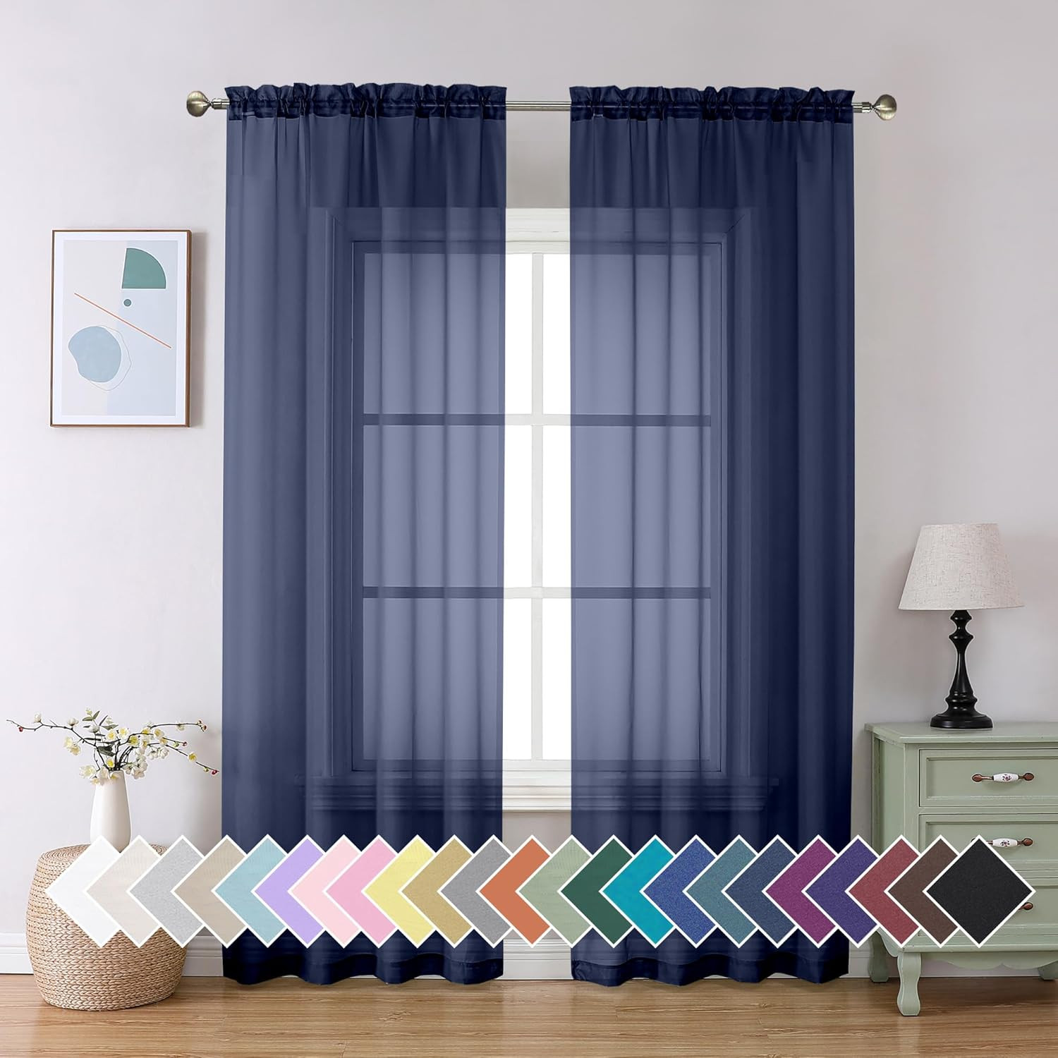 Sheer Navy Blue Curtains 84 Inch Length 2 Panels Set, Airy Soft-Touching Rod Poc