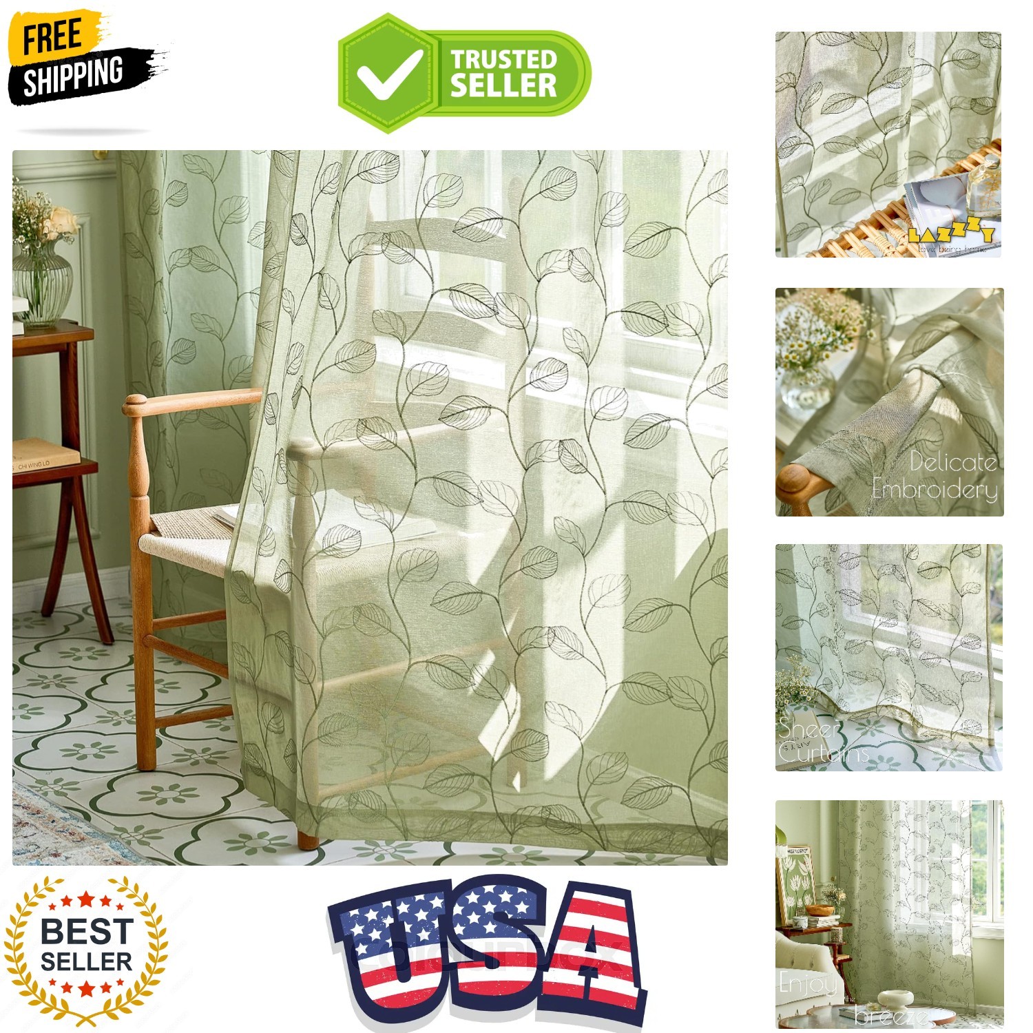 Sage Sheer Curtains Leaf Embroidered 96 Inch Long for Living Room Bedroom Rod…