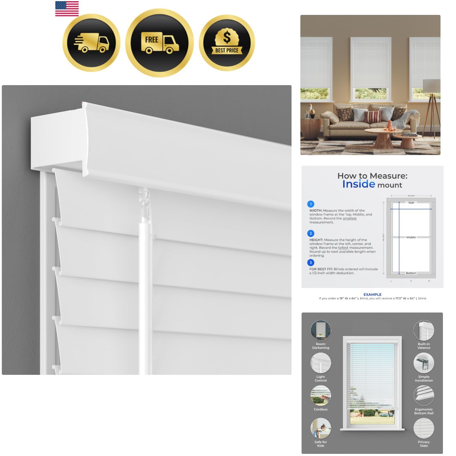 2″ Cordless Flat Slat Faux Wood Window Blinds for Home – 34″ W x 60″ L – Whit…