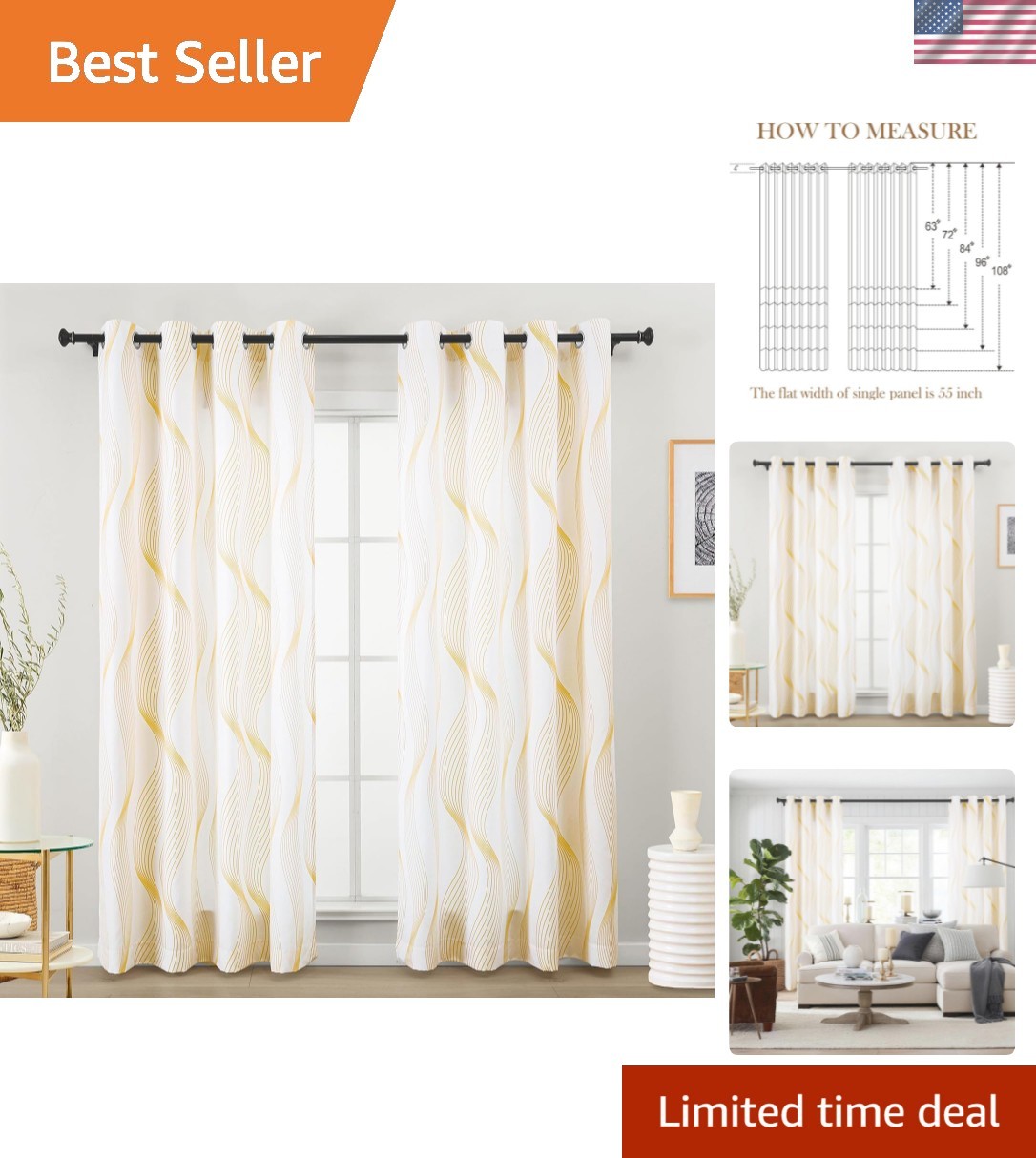 White and Gold Wave Privacy Curtains 96 Inch 2 Panels, Non-See-Through Light …