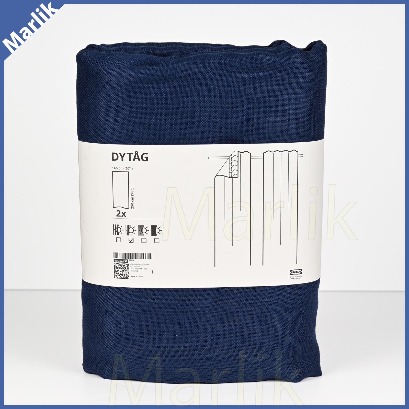 IKEA Dytag Curtains 57×98″ Linen Dark Blue 1 pair (2 panels) Light Filtering NEW