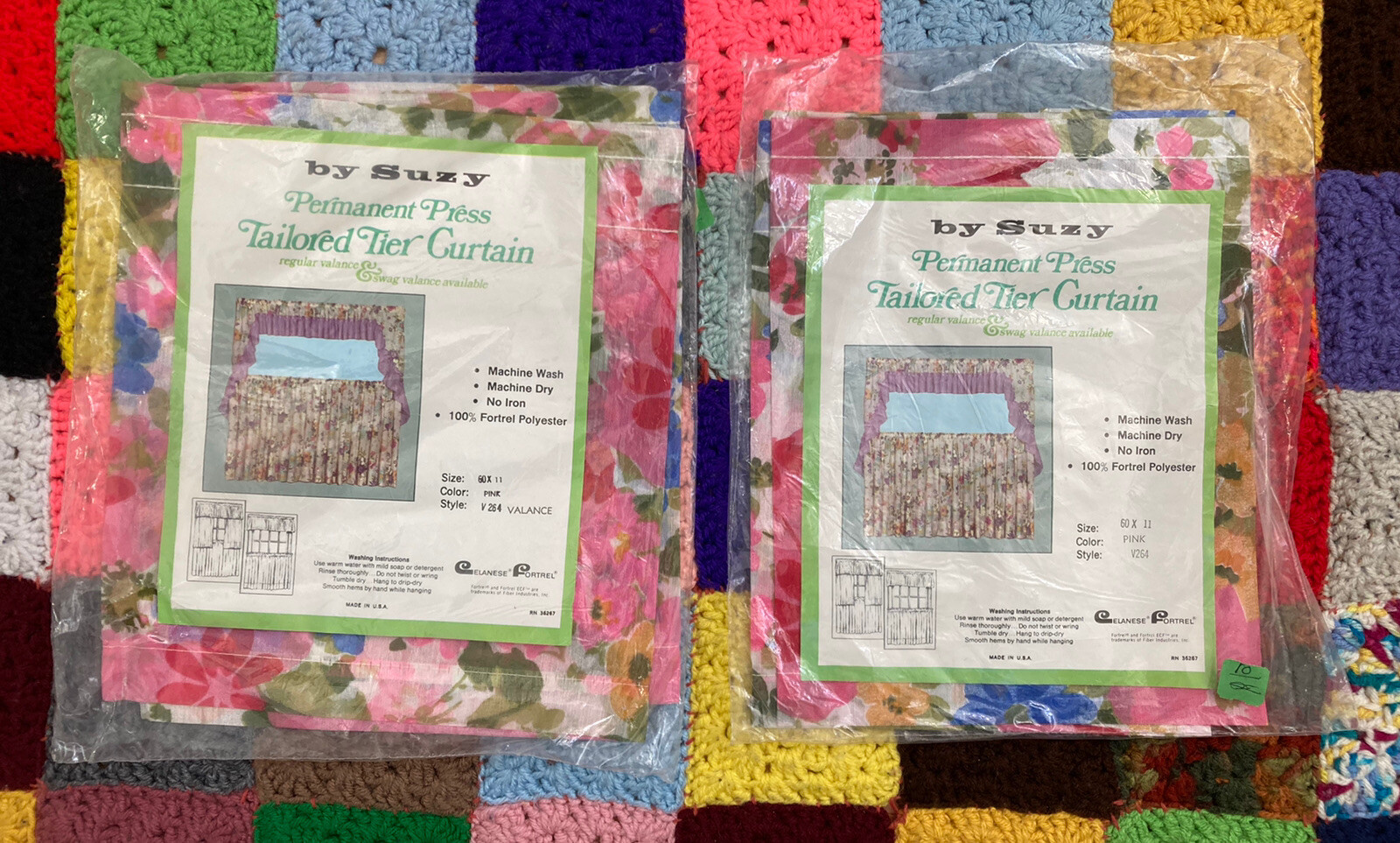 Vintage Curtains Suzy Tailored Tier FLOWERS Lot Of 2 NEW 60” X 11” Pink V264
