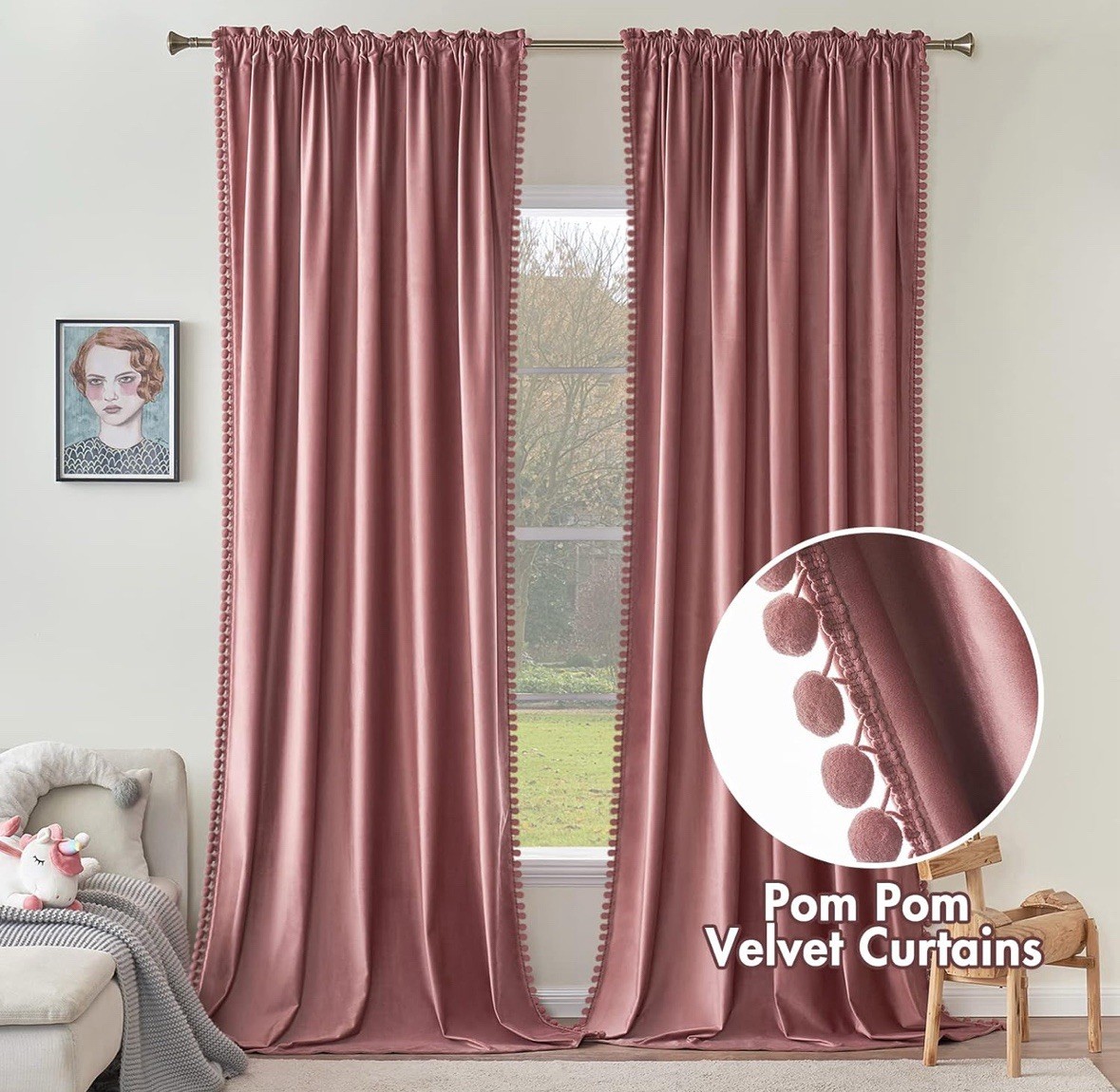 52×84 Rose Velvet Pom Pom Curtains 2 Panels New In Bag