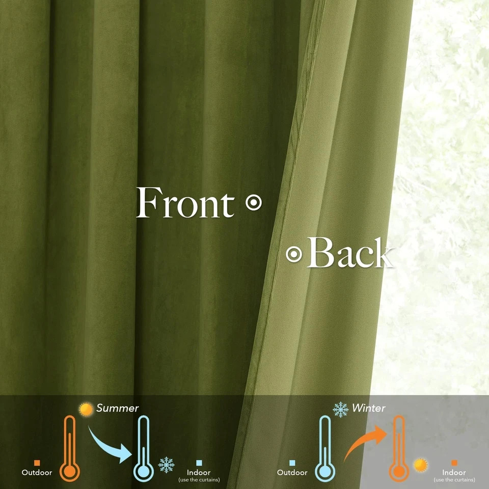 Olive Green Velvet Pinch Pleated Curtains 96 inches Long, Block Light Thermal In