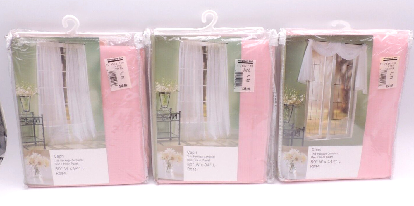 Pink Sheer Curtain Panels & Scarf Set Capri Lichtenberg Voile 59X84″ Rose New